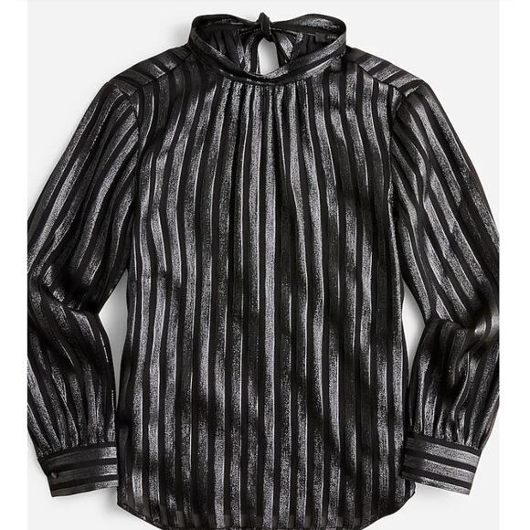 J Crew Shirt Womens‎  M Black Metallic Chiffon Mock Neck Striped Lined Bow BD813 - Picture 1 of 10